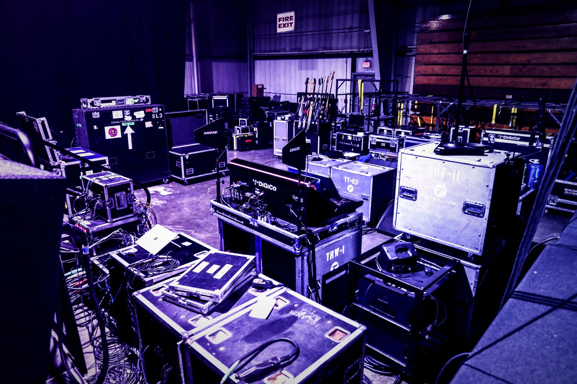 Audio racks and road cases staged backstage